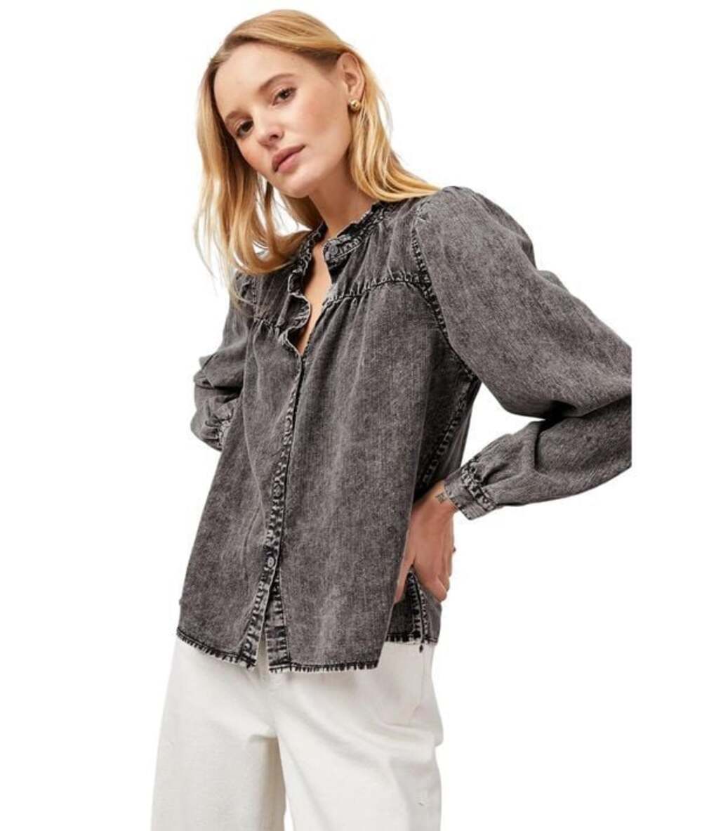 Rails Camille Black Acid Wash Tencel Linen Ramie Button Front Blouse M